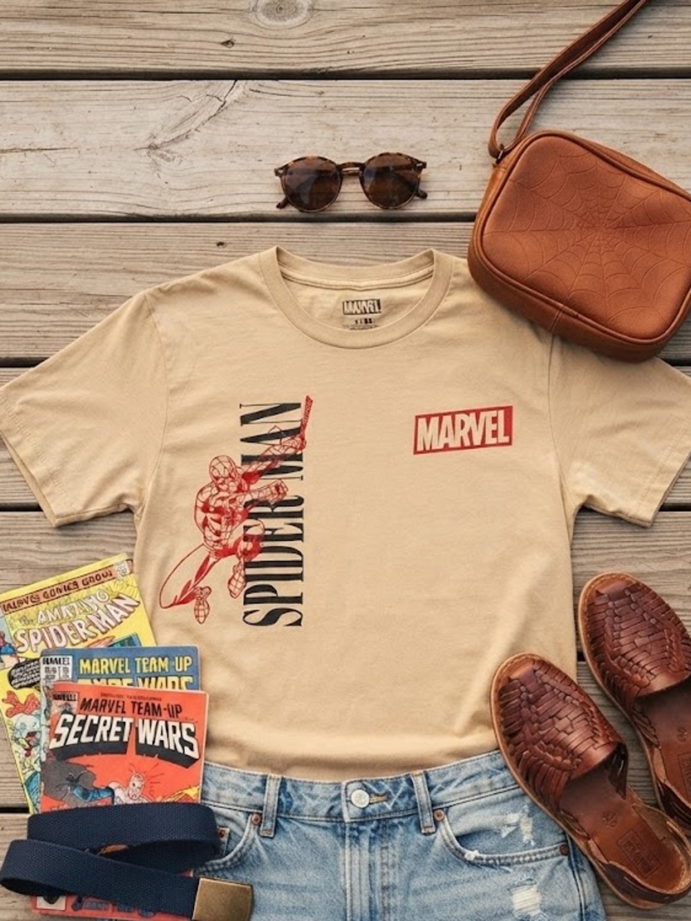 Marvel Spider-Man Tee in Tan with Red and Black Graphics